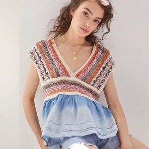Anthropologie Pilcro Embroidered Baby Doll Top S Knit Chambray V-Neck